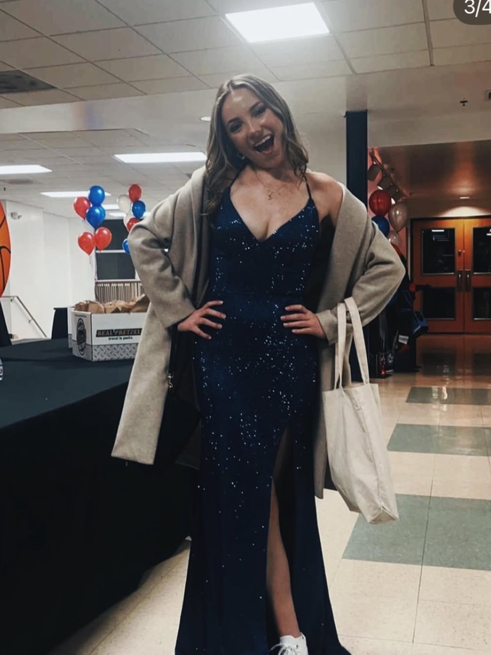 Navy Sequin Spaghetti Strap Evening Gown